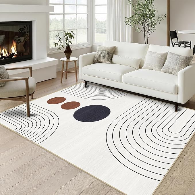 Boho Rug 4x6 Modern Geometric Minimalist Abstract Area Rug for Living Room Ivory Cream Mid Century Modern Contemporary Machine Washable Non-Slip Printed Low-Pile Carpet Dining Room Bedroom Office