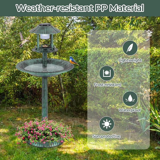 LDAILY Outdoor Bird Bath, 42’’ Solar Lighted Pedestal Birdbaths with Birds Feeder ,20’’ Water Bowl, Flower Planters and 3 Stakes, Attract Birds Antique Bird Bath for Outside Garden, Yard (Green, 42‘’)