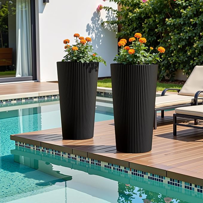 23.6" H Tall Planters for Outdoor Plants Set of 2 - Fluted Large Outdoor Planters for Front Porch Decor with Drainage Hole, Plastic Round Conical Flower Pots Fits Indoor Plants Patio, Black