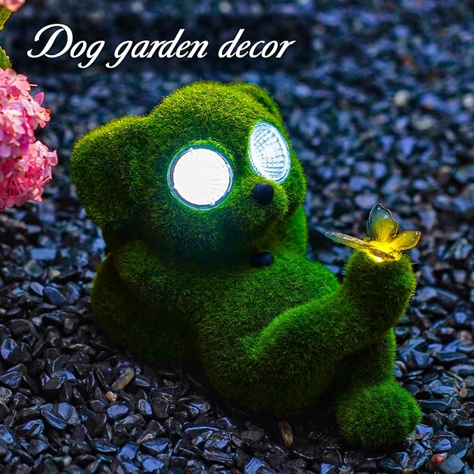 twinbling Solar Topiary Dog Garden Statue with Butterfly Garden Decor Clearance for Yard Decorations Outdoor Lawn Ornaments Porch Patio Balcony - Birthday Gifts for Grandma Mom Women