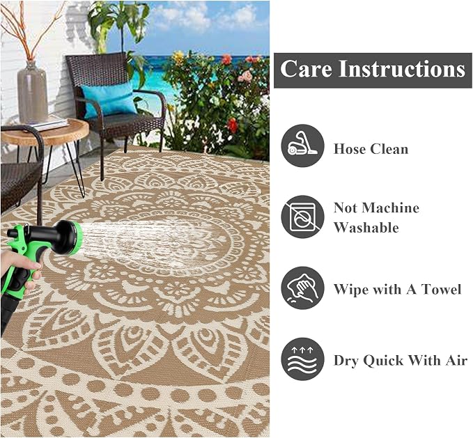 Bsmathom Waterproof Outdoor Rug 6'x9' Reversible Boho Plastic Straw Patio Deck Camping Rugs, Indoor Outdoor Portable RV Mat Clearance Carpet for Outside, Porch, Balcony, Backyard, Beach, Pool,Brown