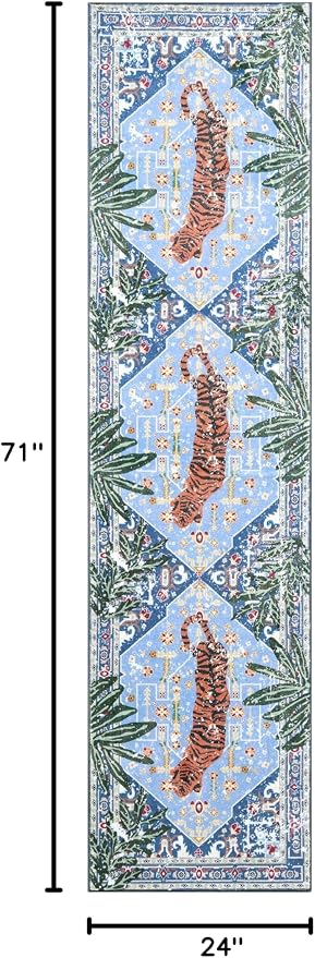 Oriental Tropical Hallway Runner Rug 2x6 Washable, Thin Stain Resistant Blue Boho Runner Rug for Entryway Kitchen Bedroom Laundry, Vintage Abstract Hippie Indian Botanical Long Floor Carpet
