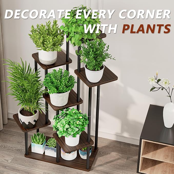 AZERPIAN Plant Stand 7 Tier Indoor Metal Flower Shelf for Multiple Plants Corner Tall Flower Holders for Patio Garden Living Room Balcony Bedroom, Black Oak