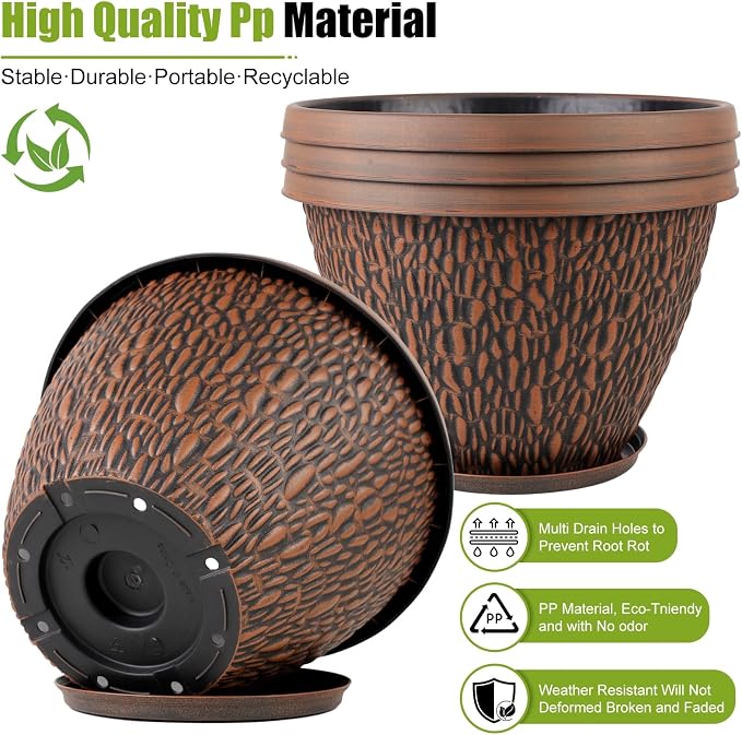 Nooulap 4 Pack Flower Pots Outdoor, 10 Inch Plant Pot with Drainage Hole & Tray, Thickened Plastic Planters for Indoor Outdoor Plants, Lightweight Brown Decorative Garden Pot with Saucer