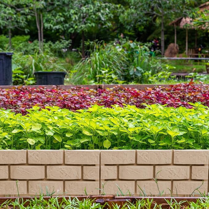 Landical 8 Pcs Imitation Stone Garden Fence, Faux Stone Retaining Wall Look Garden Bricks Border with Ground Stakes, 17.3 x 12.6 in Gray Plastic Edging Blocks for Flower Beds, Lawn, Mulch (Yellow)