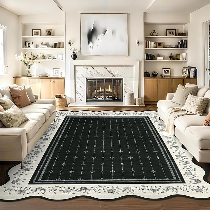 Garvee Scalloped Washable Rug 9x12 Rugs for Living Room Non Slip Black | Neutral Nursery Rug Modern Bordered Floral Mat Indoor Soft Non-Shedding Accent Carpet for Bedroom Dining Room Kids Room Dorm