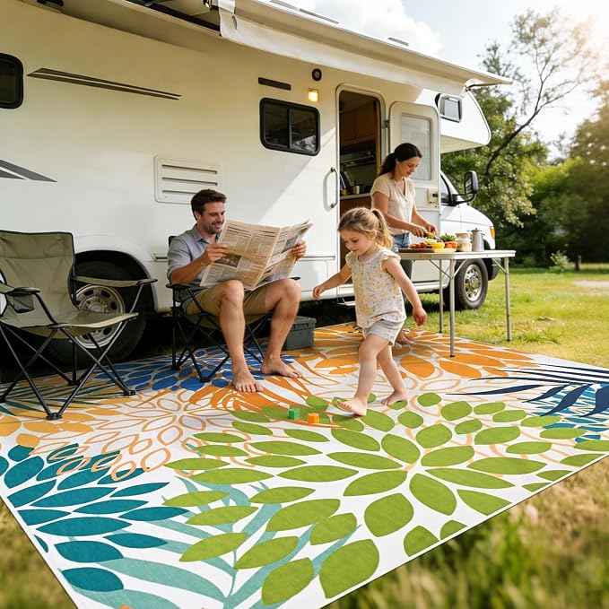 Yinhua Dahlia Floral Outdoor Rug 8x10 Colorful Indoor Outdoor Rugs Washable Patio Rug Non Slip Large Flower Area Rug Low Pile Outdoor Carpet for Patio, Deck, Porch, Balcony, Camping, Yellow Green