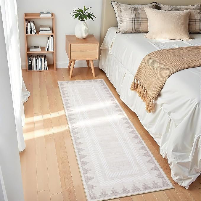 GarveeHome Modern Runner Rug 2x6 Washable Hallway Runner Rugs Bathroom Rug Cream Unique Bordered Neutral Accent Rug Non Slip,Non Shedding Low Pile Kitchen Mat,Soft Low Pile Neutral Carpet for Laundry