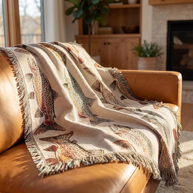 Moukeren 60 x 50 Inch Woven Tapestry Throw Blanket with Colorful Tassel, Rainbow Trout, Great Lakes Trout Fishing Gift, Fly Fishing Gift for Fisherman Dad or Husband