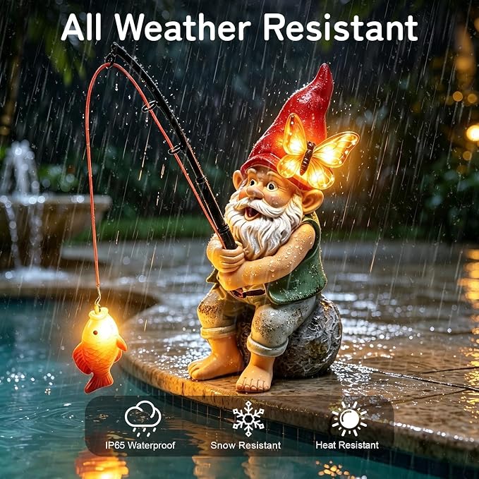 Fishing Gnome Garden Outdoor Statues, Solar Gnome with Butterfly Lights | Waterproof Gnomes Decorations for Yard, Birthday Gifts for Mom Women Christmas, Figurines Decor Patio Porch Lawn Ornaments