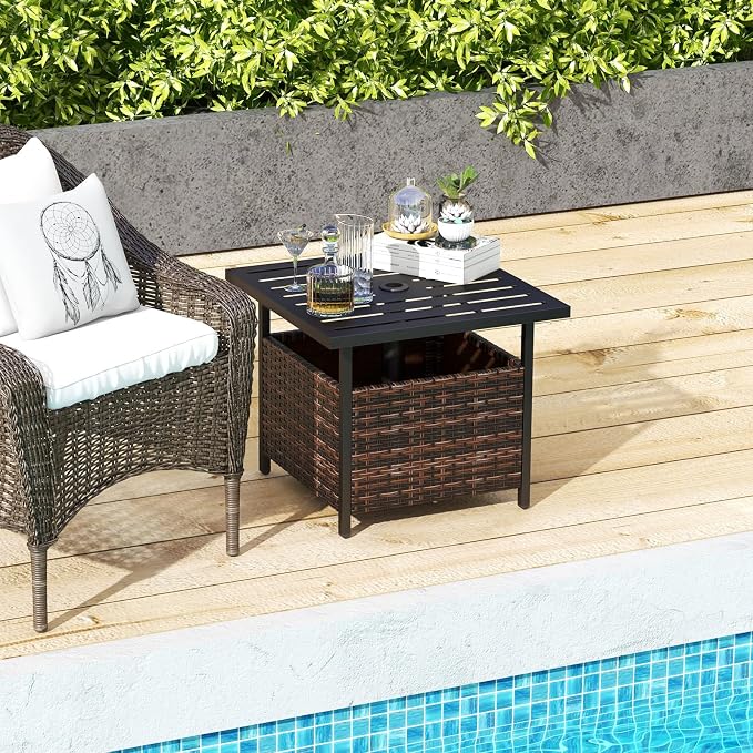 Giantex Outdoor Side Table with Umbrella Hole, 22" Wicker Umbrella Stand Holder and Base, Weather-Resistant PE Rattan Patio End Table for Deck Garden Poolside, Mix Brown (Metal Tabletop)