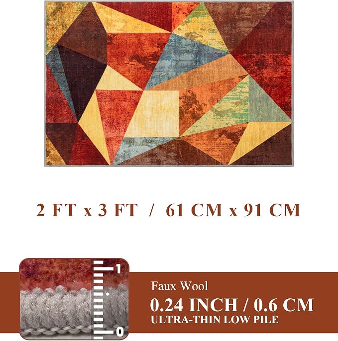 Brown Entryway Rug 2x3, Small Burnt Orange Rug for Indoor Entrance, Farmhouse Kitchen Rugs Washable,Geometric Area Rug,Vintage Welcome Mats for Front Door, Burgundy Boho Rugs for Entryway