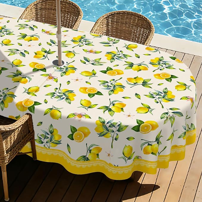 Lemon Outdoor Oval Tablecloth with Umbrella Hole 60" x 102" Waterproof Zipper Table Cloth for Garden - Ideal Patio Table Cover for Picnics, Camping, and Yard Use
