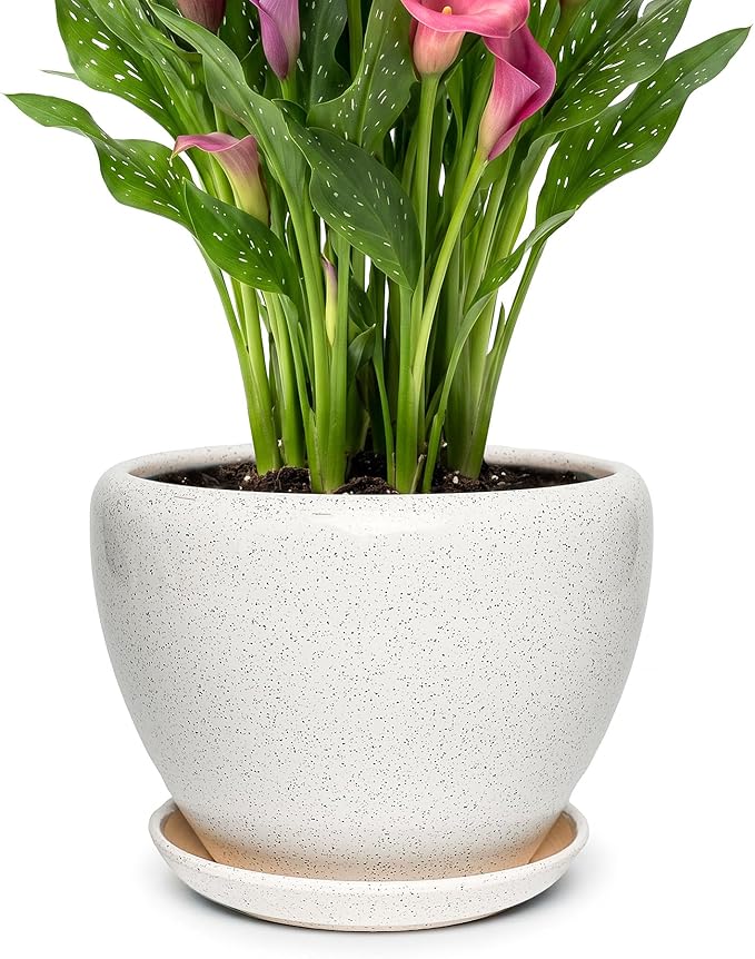 9.5 Inch Ceramic Plant Pot with Drainage Hole Mesh Net,Modern Gardening Pots for Indoor Plants with Saucer, Waxen White