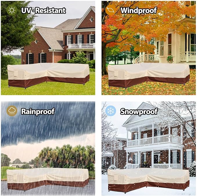 Outdoor Sectional Cover V-Shaped Garden Patio Furniture Covers Waterproof Rip-Stop Anti-UV 600D Outdoor Couch Sofa Cover with 3 Air Vents, 85"(85''L) x 33.5''D x 31''H, Beige & Reddish Brown