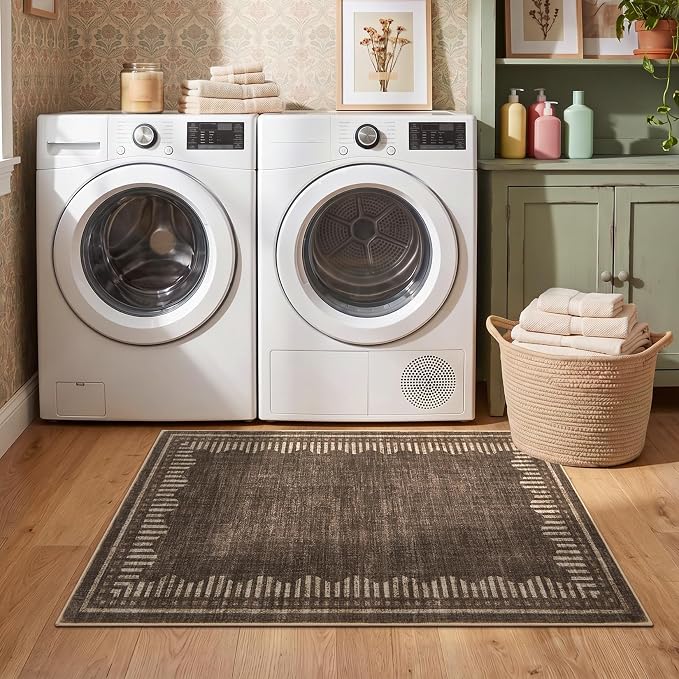 Garvee Small Area Rugs 2x3 Brown Washable Entryway Scalloped Throw Carpet | Non Slip Solid Color Low Pile Living Room Bedroom Rugs Pet Friendly Modern Geometric Kitchen Front Door Nursery Doot Mat