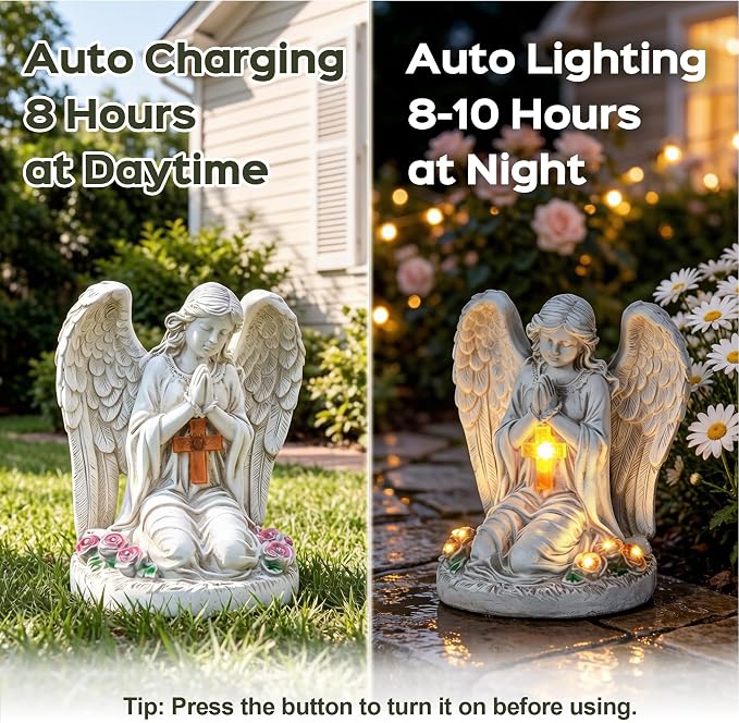 Solar Angel Garden Statues with Cross and 6 LED Lights, Solar Outdoor Decor for Patio, Balcony, Yard, Cemetery, Waterproof Praying Angel Figurines, Lawn Ornaments Gifts for Women, Mom, Grandma