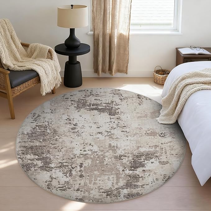 ROYHOME Modern Abstract 4x4 Round Area Rug Non Shedding, Brown Grey | Non Slip Rug Low Pile Stain Resistant for Bedroom Living Room office Dining Room
