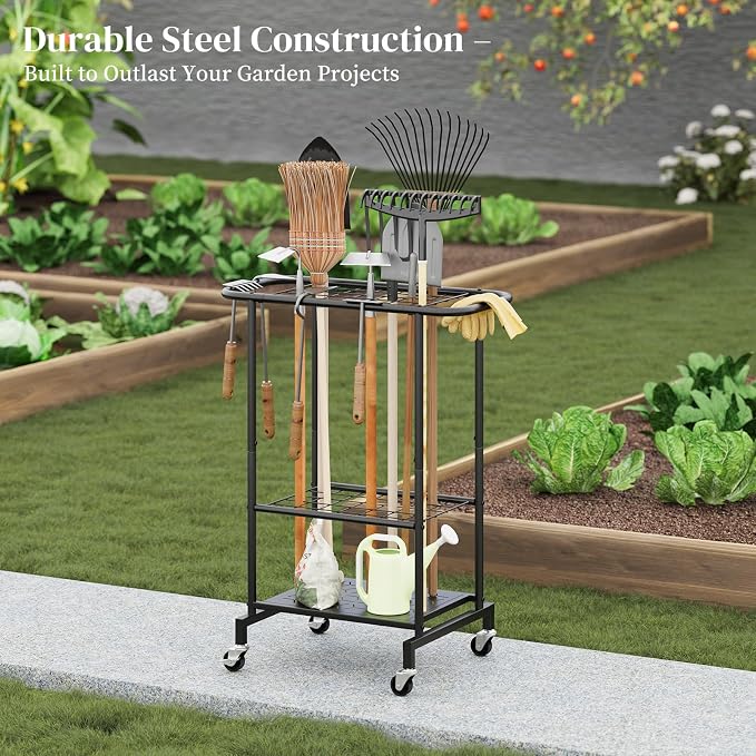 Garden Tool Organizer with Wheels, Yard Tool Rack Heavy Duty Steel Tool Organizer and Storage Holder Broom Holder for Garage, Shed, Patio, Indoor/Outdoor