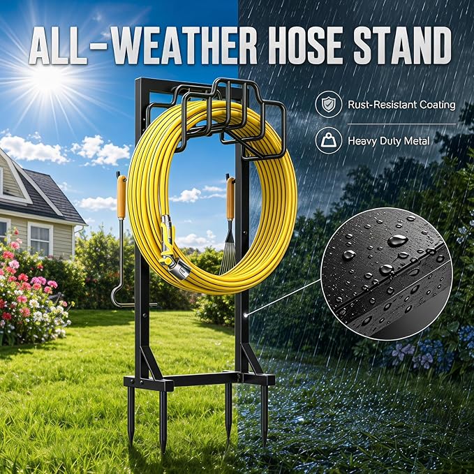 Skycarper Garden Hose Reel Holder Detachable Metal Water Hose Hanger Organizer Heavy Duty Free Standing Hose Stand (Deep Black)