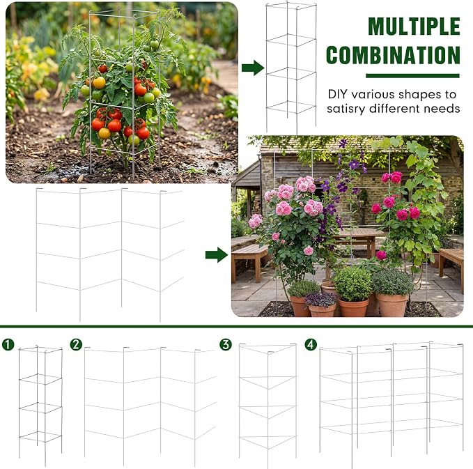 Hicarer 16 Pack Square Tomato Cage Heavy Duty Tomato Cages for Garden Vegetable Plant Trellis Stakes Plant Support Stake Tower for Climbing Vegetables Plants Flowers Fruit (11.5 x 46 Inches,Silver)