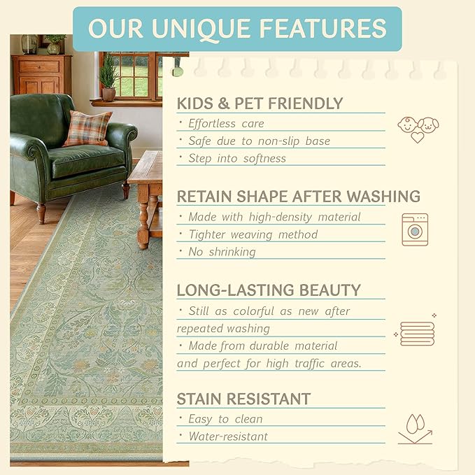 4x6 Cottagecore Living Room Area Rug, Machine Washable Floral Large Door Mats Indoor Entrance, Non Skid & Low Pile Soft Rugs for Kitchen, Reading Corner, Bedroom, Calm Corner (Sage Green)