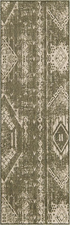 Unique Loom Outdoor Bohemian Collection Area Rug - Anthro (2' 7" x 8' Runner, Green/ Ivory)