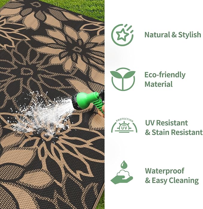 GENIMO Outdoor Rug Waterproof for Patio Decor, 10' x 14' Reversible Plastic Straw Floral Camping Carpet, Large Area Rugs Mats for RV, Camper, Deck, Balcony, Porch, Beach, Picnic, Black & Brown