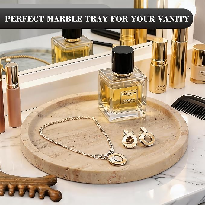 Natural Round Marble Tray - 7.8" Travertine Marble Vanity Tray for Dresser, Bathroom, Decorative Jewelry Dish for Perfumes Rings Earrings Necklaces, Stone Tray for Home Décor, Beige