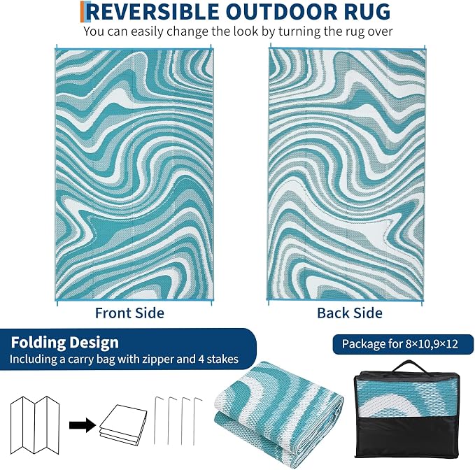 Garvee Large Modern Outdoor Rug 9x12 Patio Rugs Outdoor Waterproof Reversible Plastic Straw Camping Rug, Abstract Outside Rugs for Picnic Backyard Deck Balcony Porch Beach Trailer, Light Blue