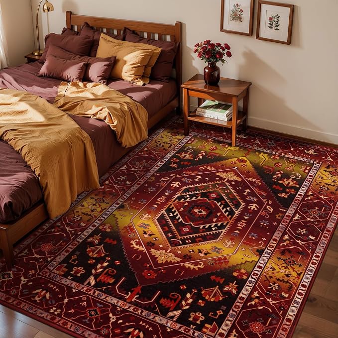 SERISSA 5x7 Washable Non Slip Boho Area Rug for Living Room | Ultra Soft Vintage Oriental Carpet Low-Pile Rustic Red Gold Throw Carpet for Bedroom Dining Room Dorm Office Home Decor