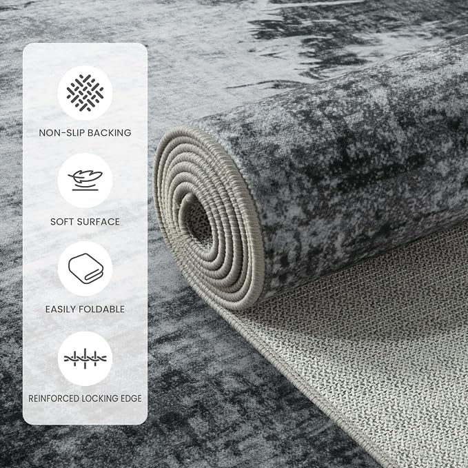 4x6ft Black and Grey Low-Pile Abstract Area Rug Mid-Century Modern | Machine Washable Non-Slip Stain Resistant Thin Carpet: TPR Back Pet and Kid Friendly for Living Room Bedroom Home Decor