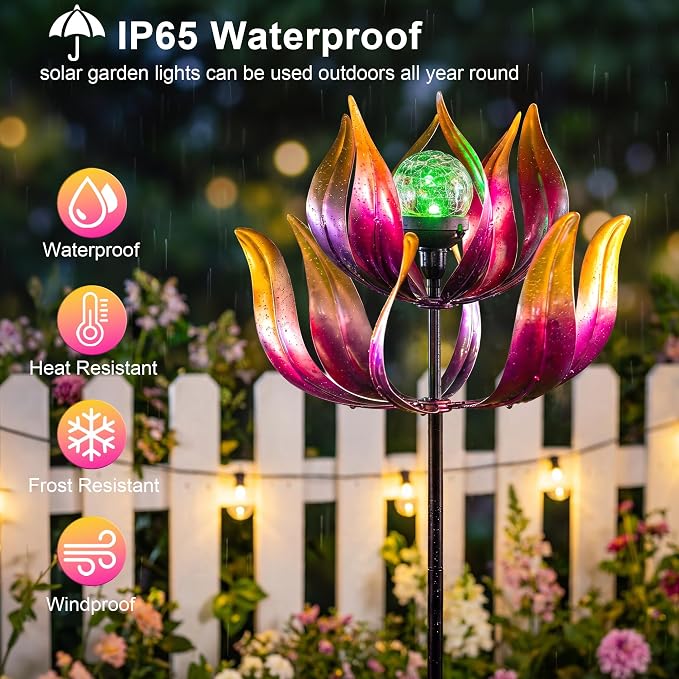 Solar Wind Spinners Outdoor for Yard and Garden, 61'' Lotus Kinetic Wind Sculptures with Color Changing LED Crackle Glass Globe, Metal Yard Art Decor for Patio Lawn, Garden Gifts for Women/Mother