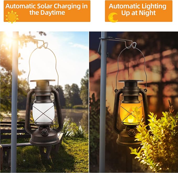 Outdoor Waterproof Solar Lanterns, 2 Pack Vintage Flickering Flame LED Hanging Lights with Auto On/Off, Rustic Solar-Powered Lamps for Patio, Garden, Yard, Deck, Pathway, and Porch Decor