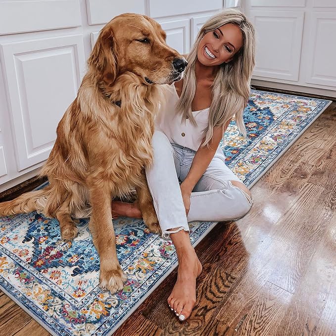 U'Artlines 2' x 6' Boho Hallway Runner Rug Non Slip Washable Runners,Blue | Vintage Farmhouse Kitchen Rug Accent Area Carpet for Entryway Laundry and Living Room