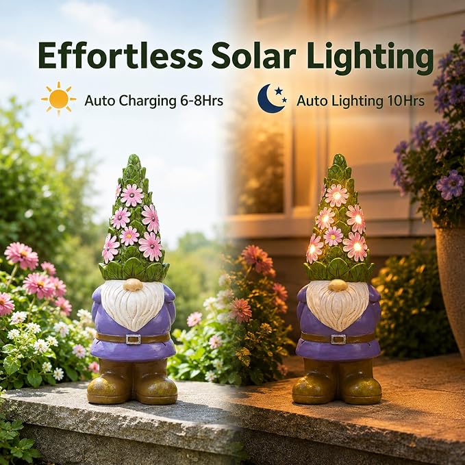 Solar Garden Gnome Statue: Outdoor Figurine with Succulent Lights | Waterproof Resin, Yard Lawn Porch Balcony Patio Home Decor, Gifts for Mom Women Grandma