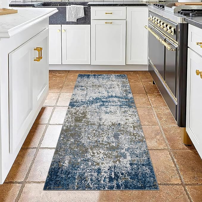 ROYHOME Modern Abstract 2x10 Runner Rug Non Slip, Navy | Non Shedding Rug Low Pile Stain Resistant for Bedroom Hallway Kitchen
