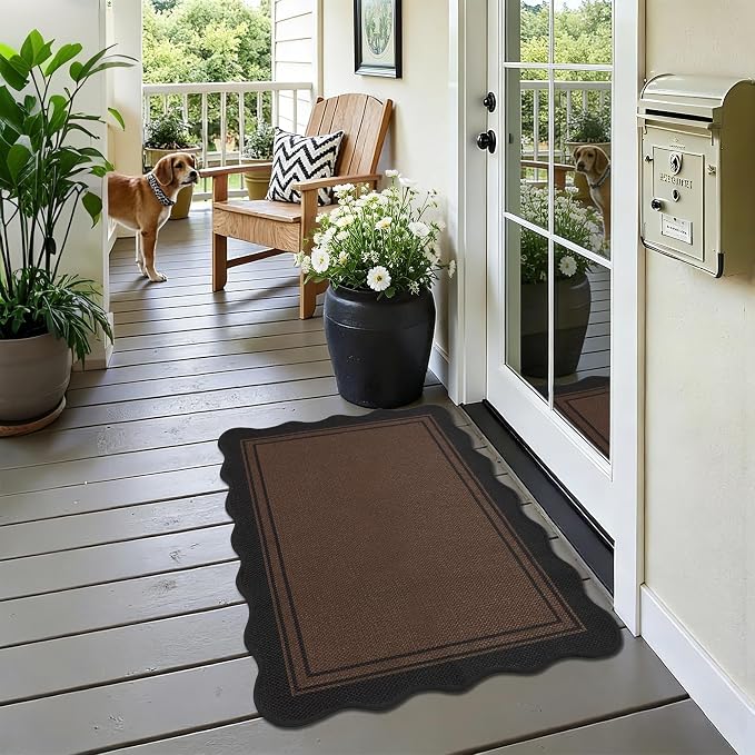Easy Jute Kitchen Rug 2x3 Front Door Mat Washable Non Slip Entryway Rug Farmhouse Neutral Low Pile Scalloped Carpet for Entryway Proch Doorway
