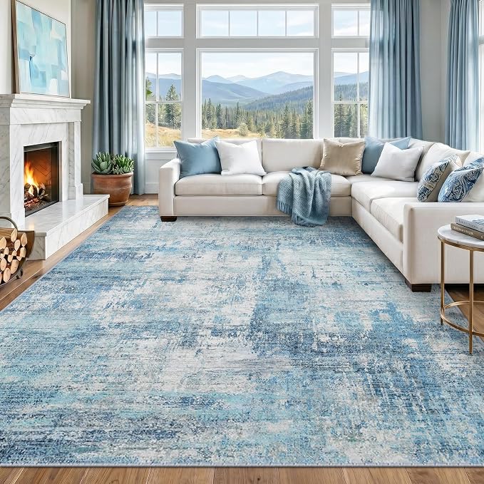 RELEANY Washable 5'x7' Abstract Area Rug for Living Room Teal Blue | Carpet for Bedroom, Kitchen, Office, Hallway and Entryway, Printed Pattern, Non‑Slip, Soft, Stain‑Resistant, Easy to Clean
