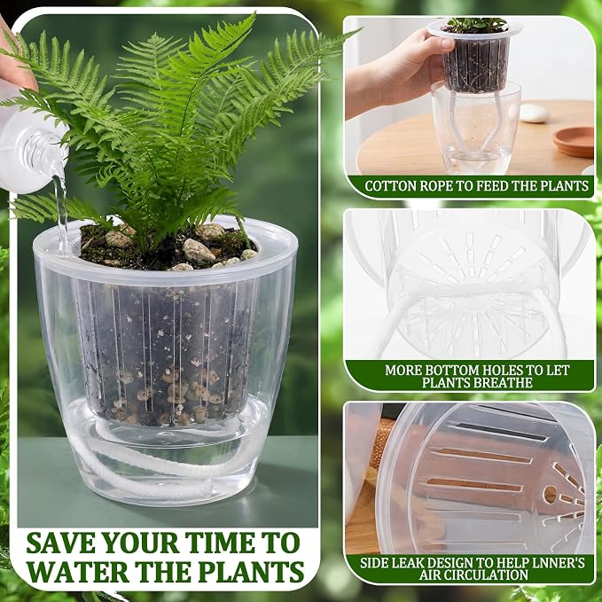 36pcs Self Watering Pots 4.3 Inch Plastic Flower Plant Pot with Inner Pot Self Watering Wick Planter White Clear Flower Pots for Indoor House Plants Herbs, Flowers, Succulents (Transparent)