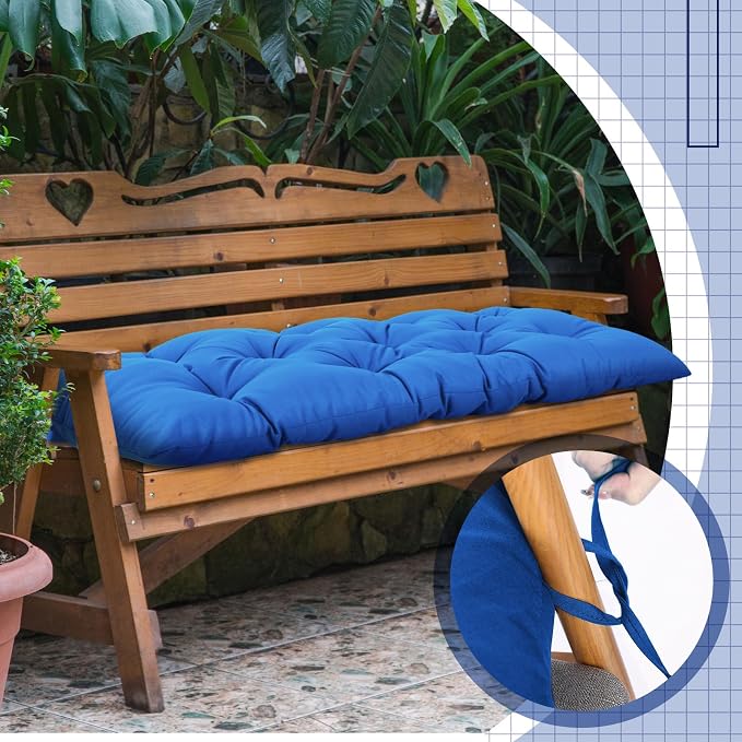 Wenqik Outdoor Bench Cushion 44 x 19 x 5 Inch Waterproof Patio Swing Cushion with Removable Zippered Cover Adjustable Ties Seat Pad for Porch Bench Garden Loveseat (Navy Blue, Classic)
