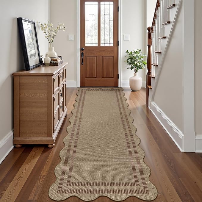 Scalloped Easy Jute 2.6x8 Kitchen Runner Rug, Washable Rugs for Entryway Non Slip Outdoor Indoor Long Rug, Farmhouse Morden Carpet for Hallway Bedroom