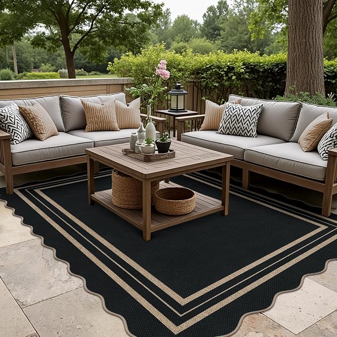 Scalloped 5x7 Rug for Living Room, Easy Jute Washable Outdoor Patio Carpet, Farmhouse Indoor Black Geometric Rug Neutral Non Slip Carpet for Living Room Backyard