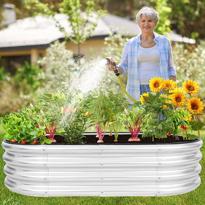 Galvanized Raised Garden Bed - 4×2×1ft (2 Packs) Planter Raised Beds for Gardening | Oval Metal Garden Planter Box with Safety Edging and Gloves for Vegetables Fruits and Flower - Silver