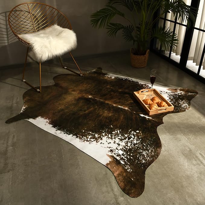 AROGAN Faux Cowhide Rug, Cow Print Animal Area Rug, 4x3 Ft Saddle Brown | Premium Cow Hide Carpet, Western Rug for Bedroom Living Room Decor, Durable Faux Cow Skin Cowhide Area Rug