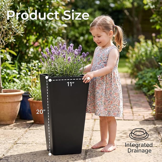 KOL Planters for Outdoor Plants, 20 Inch Tall Black Flower Pots 2 Pack, Large Plastic Plant Pots with Drainage Hole and Dual-Purpose Tray, Decorative Indoor Planter for Front Porch Patio Garden