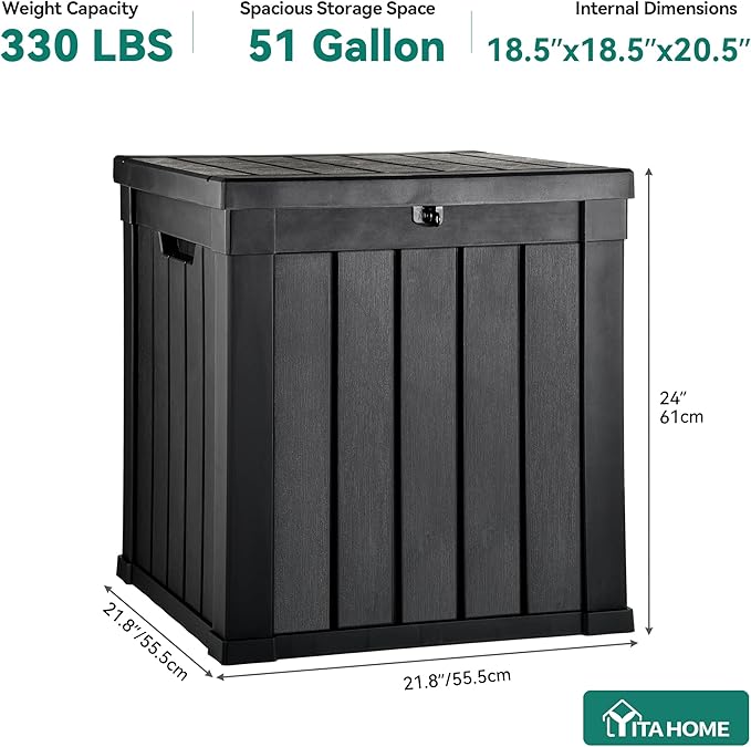 YITAHOME Deck Box, 51 Gallon Weatherproof Outdoor Storage Container for Patio Cushions, Pool Supplies, Garden Tools, Lockable Lid and Side Handles, Black | 51 Gallon Weatherproof Outdoor Storage Container for Patio Cushions, Pool Supplies, Garden Tools...