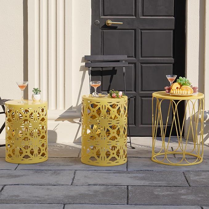 Y&M Outdoor Side Tables Set of 3, Round Metal Stacking Patio Side Tables, Indoor & Outdoor End Tables, Decorative Garden Stool Plant Stand for Patio, Garden, Balcony, Porch, Yellow