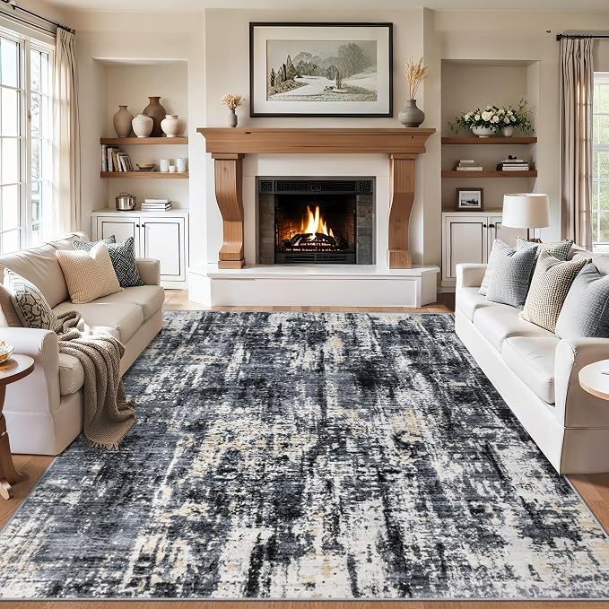 PLHXFR Area Rug Living Room: 4x6 Abstract Washable Carpet Black Gold | For Bedroom Dining Room Farmhouse Nursery Home,Machine washable,Non Slip,Large Soft Neutral,Stain Resistant, Indoor Floor