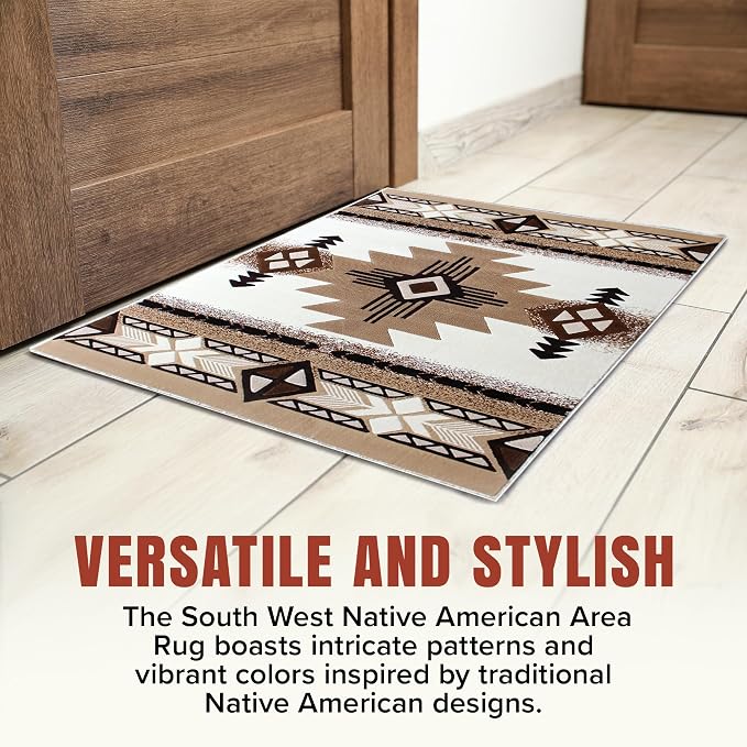 YHSF Southwest Native American Area Rug – Thick, Soft, Durable & Easy to Maintenance Tribal Design Boho Rug– Ideal for Bedroom, Living Room & Hallway - Ivory, 2 Feet x 7 Feet
